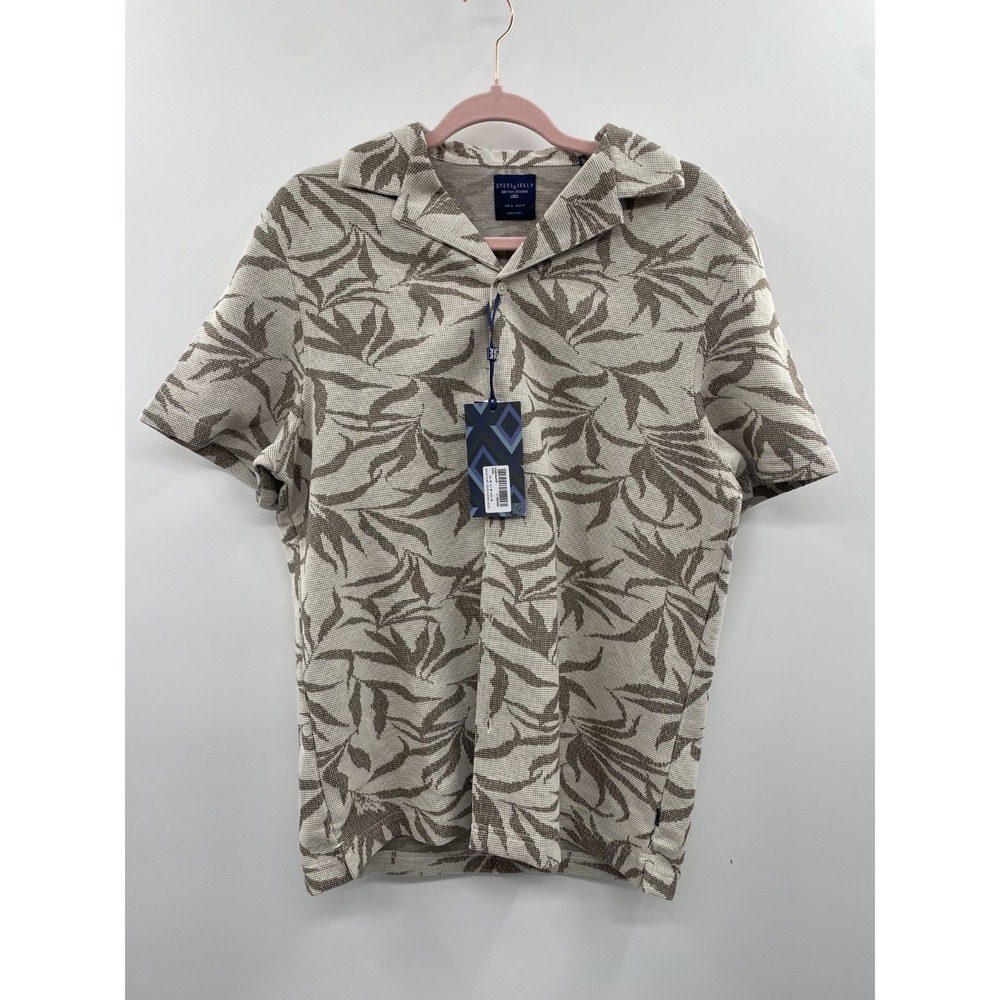 NWT Steel & Jelly British Design Casual Shirt Mens Medium White Brown Leaf Print